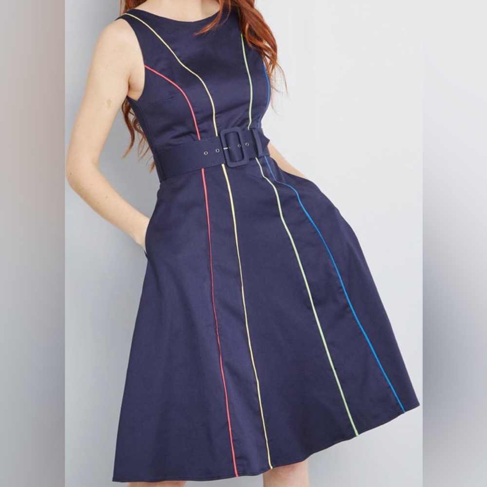 ModCloth navy and rainbow dress belt included